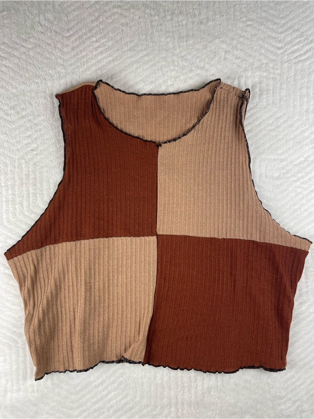 SHEIN Brown and Tan Patchwork Ribbed Crop Tank